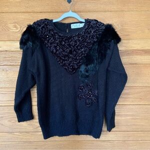 Vintage 80s Carducci acrylic wool blend black fur and velvet sweater
